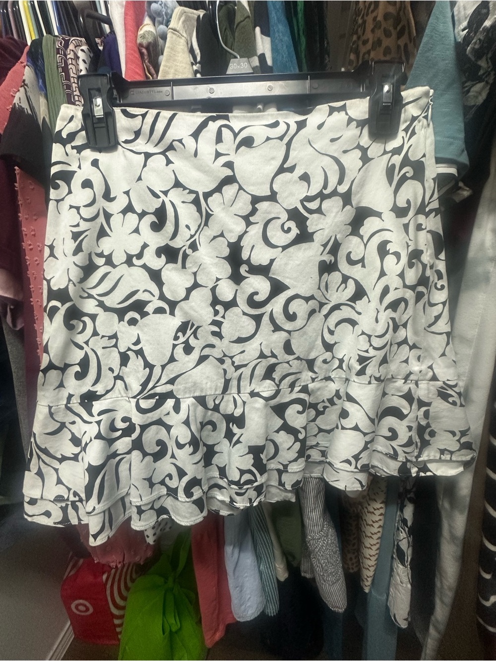 White House Black Market Black and White Floral Ruffle Hem Skirt